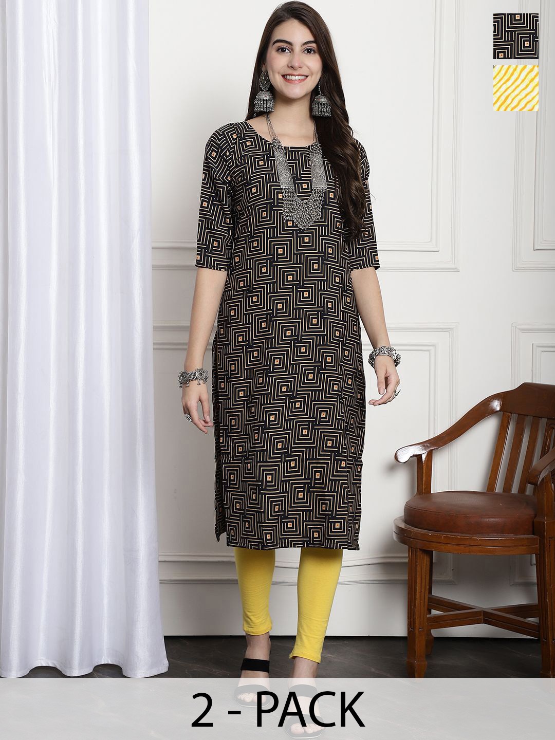 

7Threads Selection Of 2 Ethnic Motifs Printed Round Neck Straight Kurtas, Multi