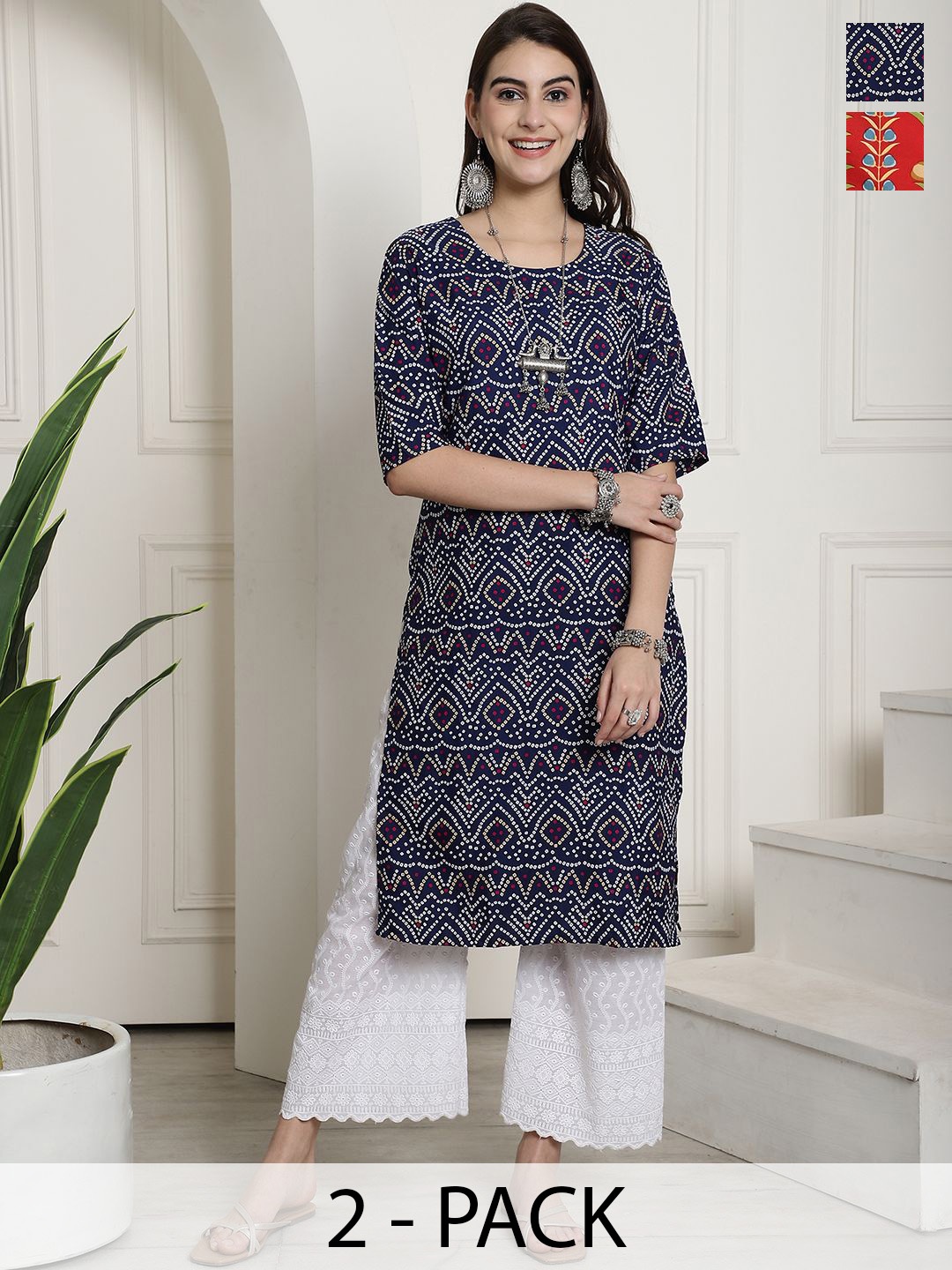 

7Threads Selection Of 2 Bandhani Printed Round Neck Straight Kurtas, Black