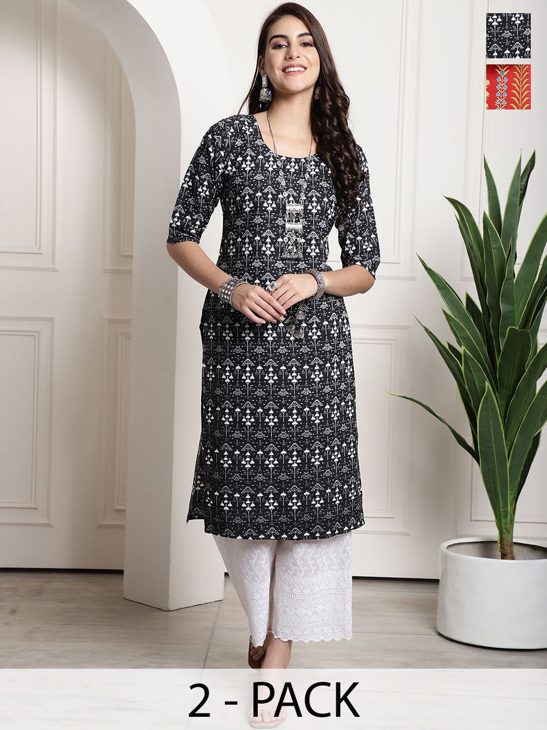 

7Threads Selection Of 2 Ethnic Motifs Printed Round Neck Kurtas, Black