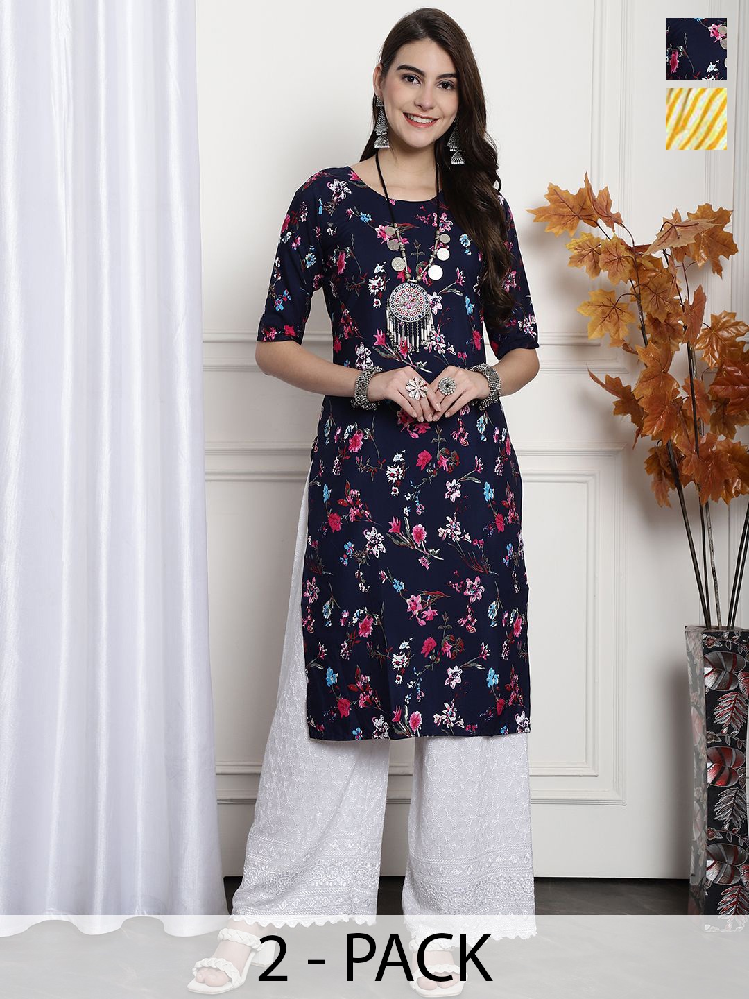 

7Threads Selection Of 2 Floral Printed Round Neck Straight Kurtas, Navy blue