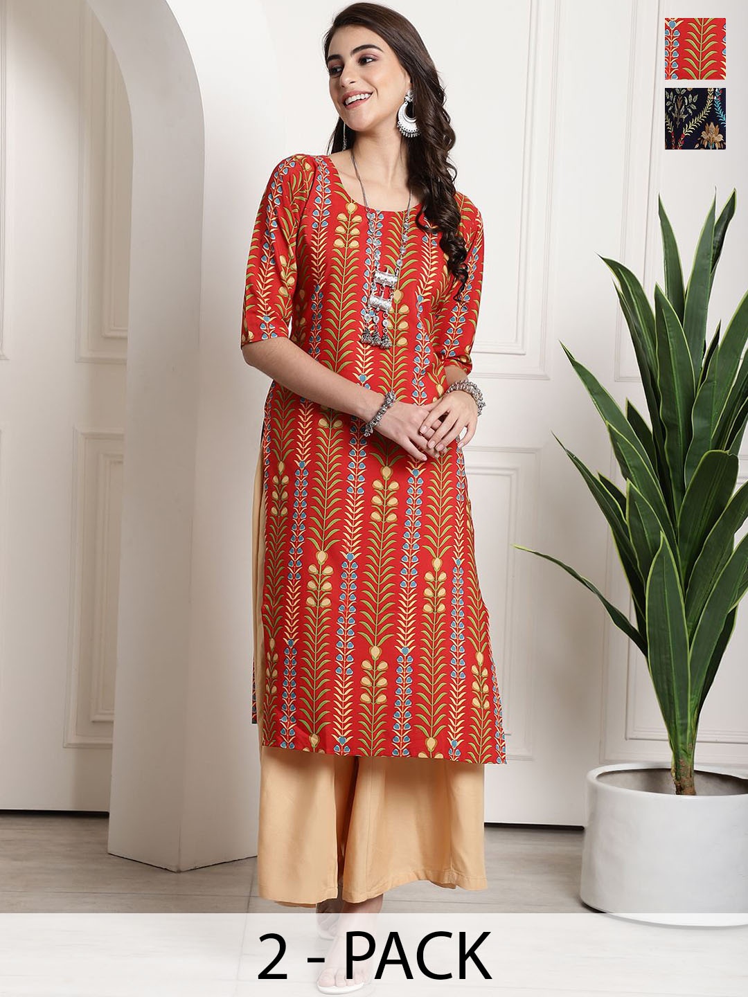 

7Threads Selection Of 2 Floral Printed Round Neck Kurtas, Orange