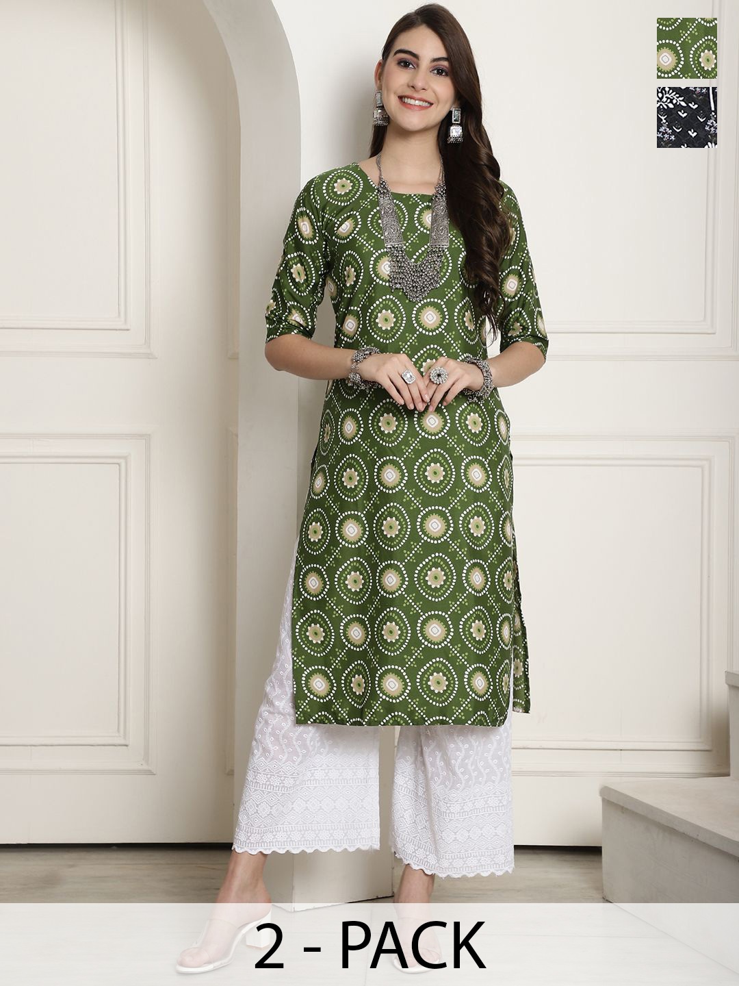 

7Threads Selection Of 2 Ethnic Motifs Printed Round Neck Straight Kurtas, Multi