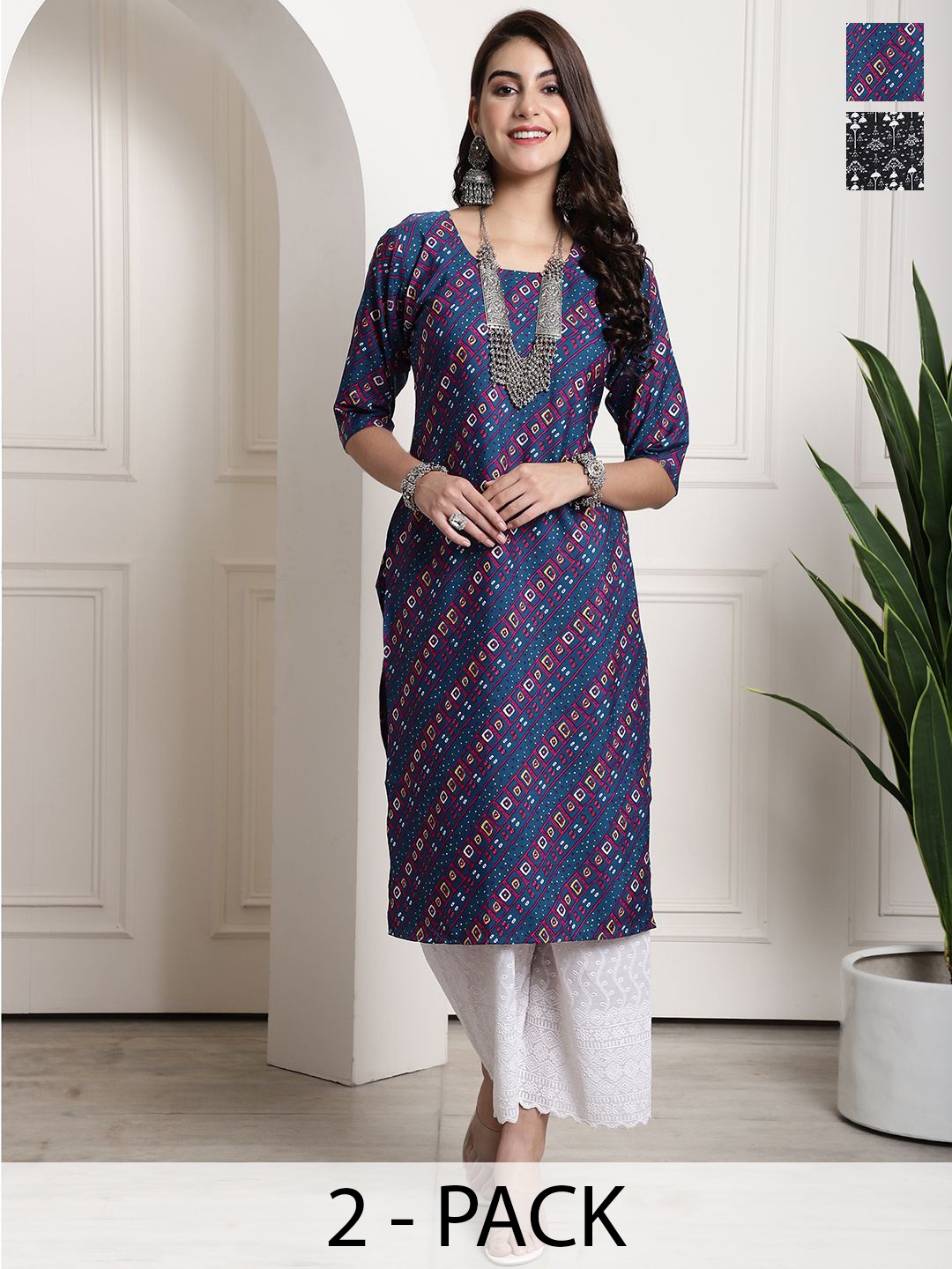 

7Threads Selection Of 2 Ethnic Motifs Printed Round Neck Straight Kurta, Purple