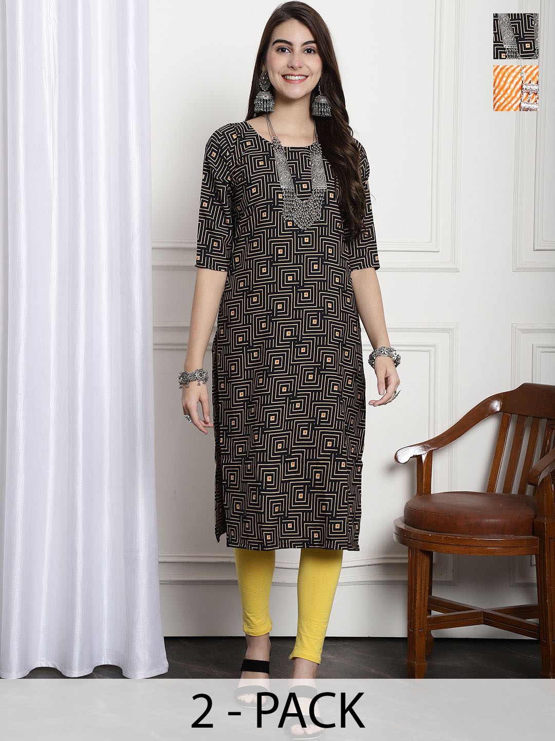 

7Threads Selection Of 2 Geometric Printed Round Neck Straight Kurtas, Beige