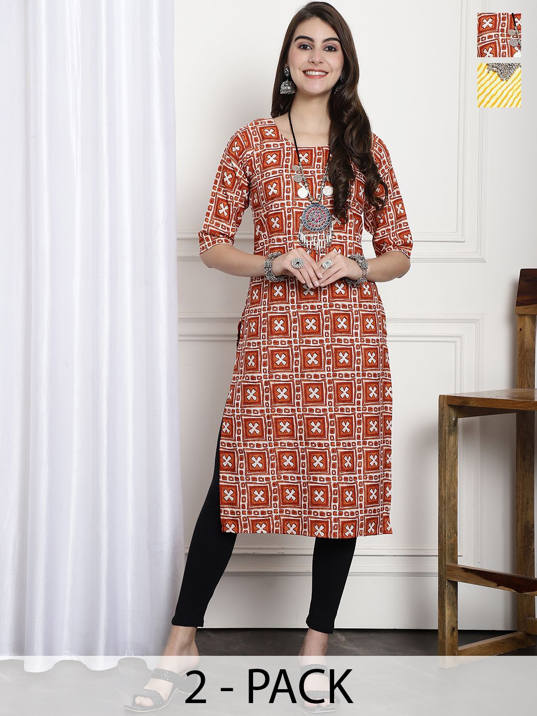 

7Threads Selection Of 2 Geometric Printed Round Neck Straight Kurtas, Red