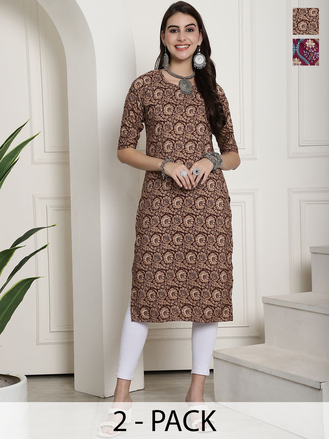 

7Threads Selection Of 2 Ethnic Motifs Printed Straight Kurta, Brown