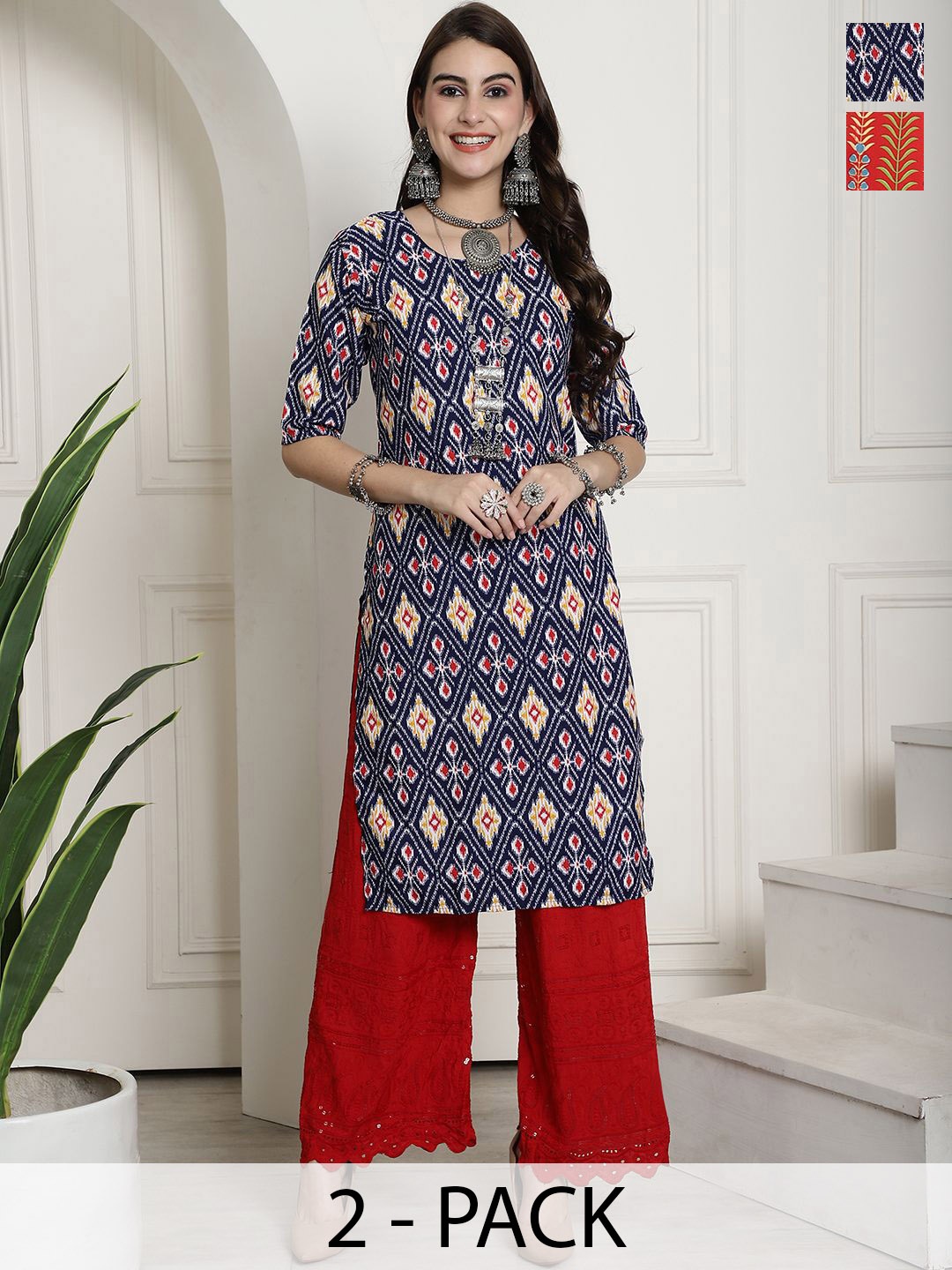 

7Threads Selection Of 2 Ethnic Motifs Printed Round Neck Straight Kurtas, Navy blue