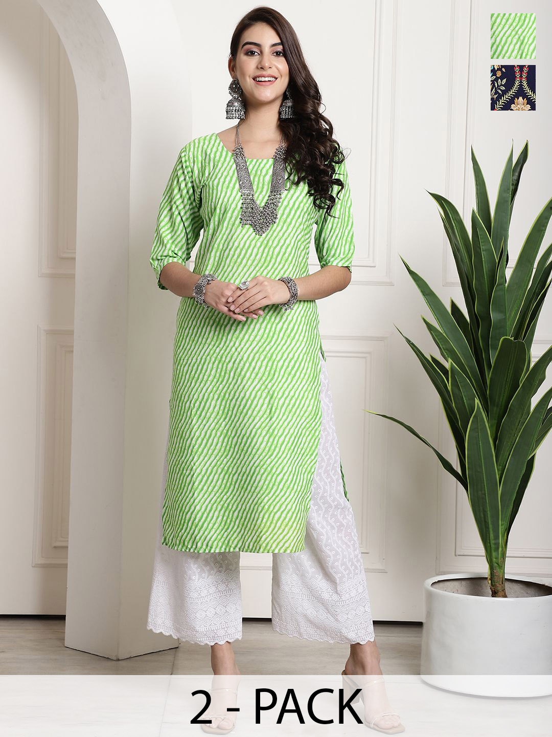 

7Threads Selection Of 2 Ethnic Motifs Printed Straight Kurta, Green