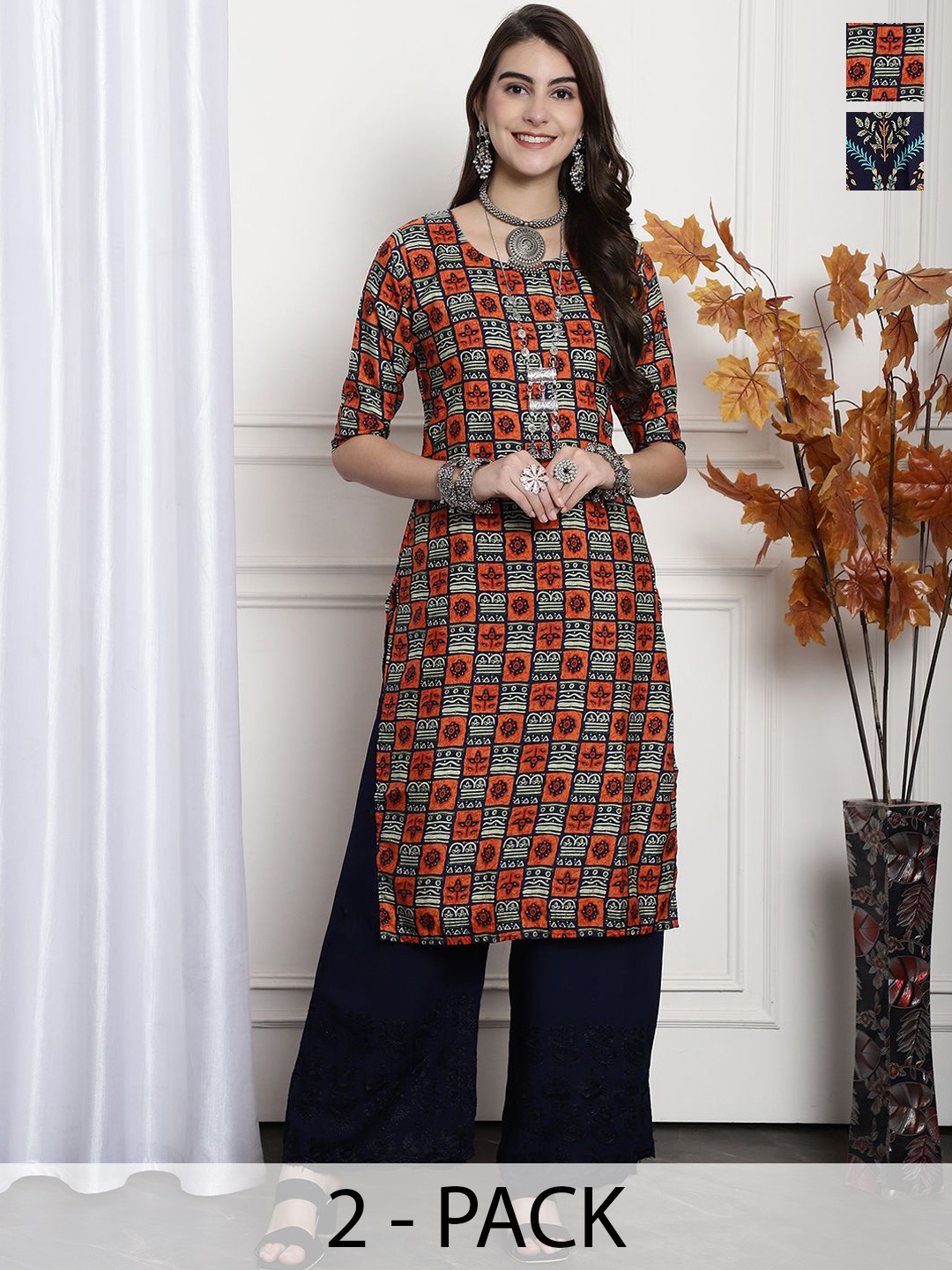 

7Threads Selection Of 2 Geometric Printed Round Neck Straight Kurtas, Orange