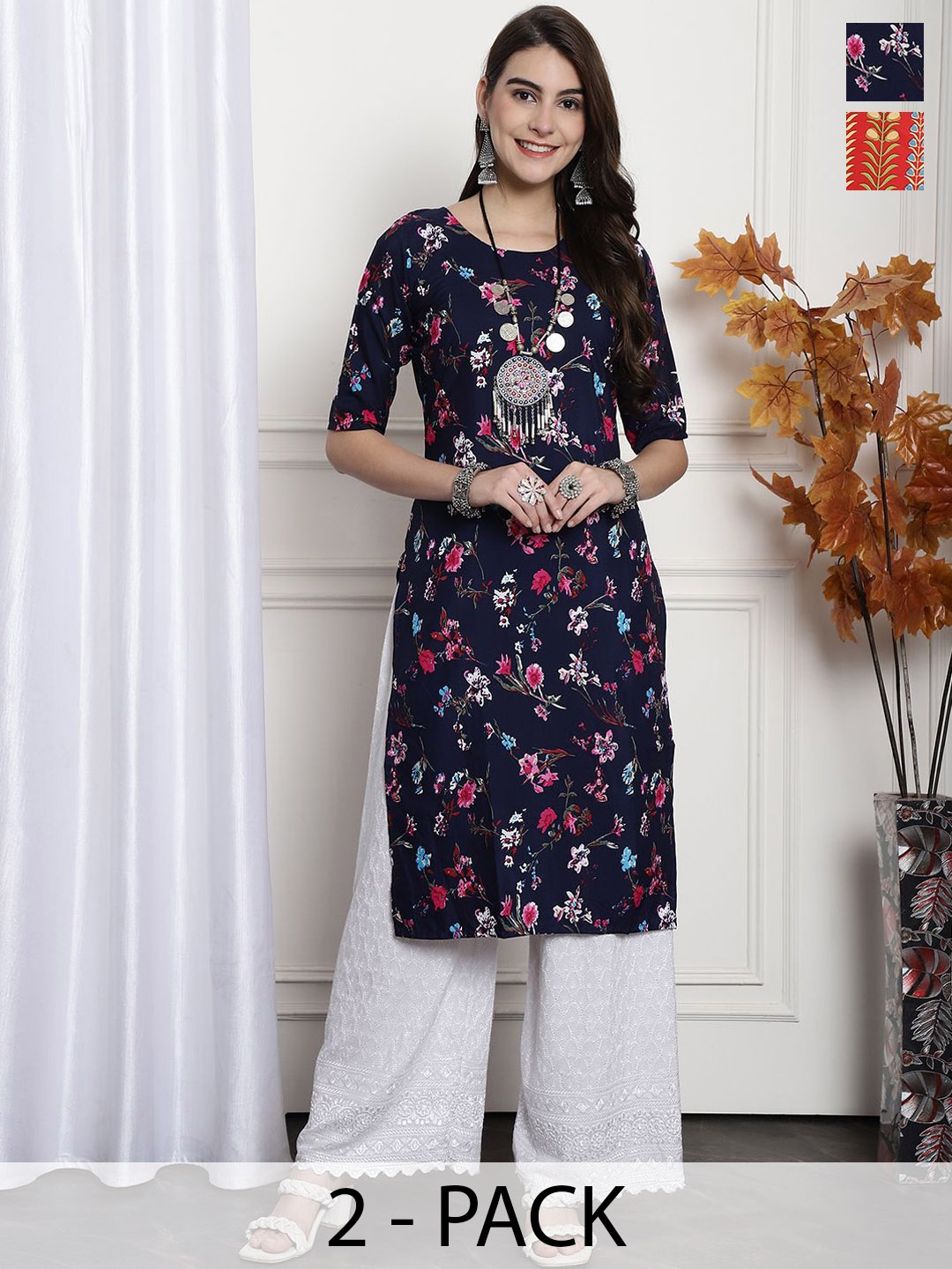 

7Threads Selection Of 2 Floral Printed Round Neck Straight Kurtas, Navy blue
