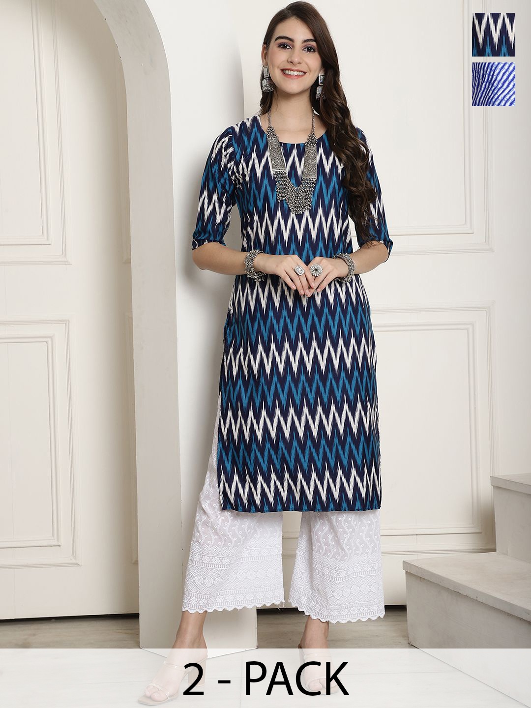 

7Threads Selection Of 2 Chevron Printed Round Neck Straight Kurtas, Black