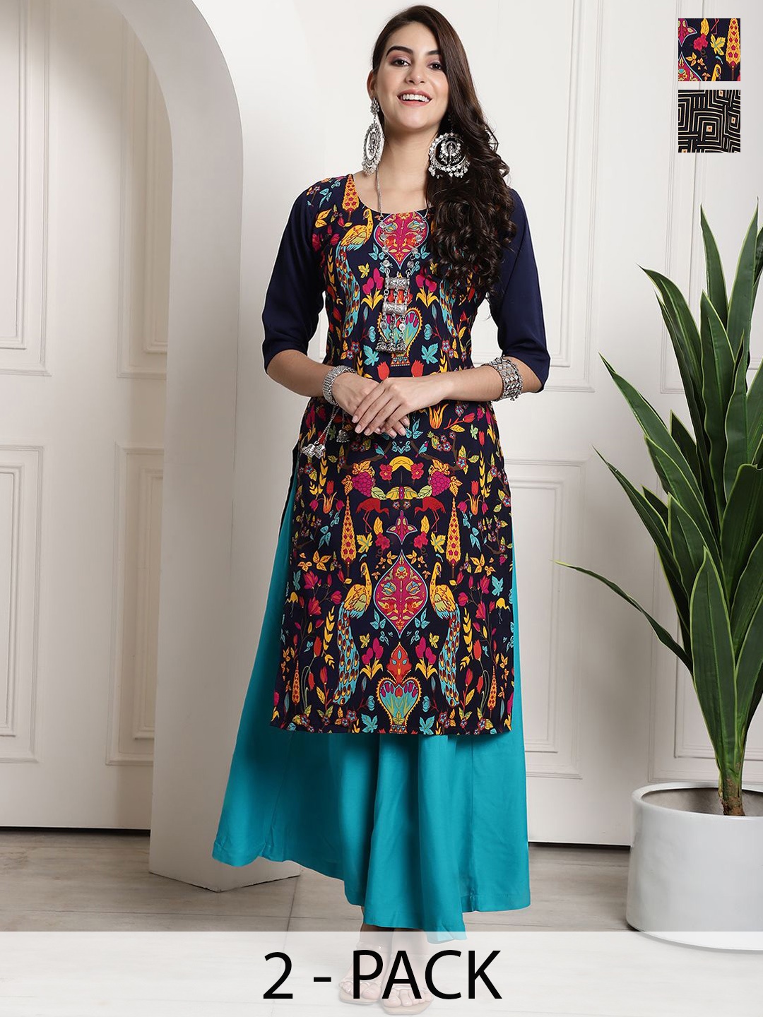 

7Threads Selection Of 2 Floral Printed Straight Kurtas, Black