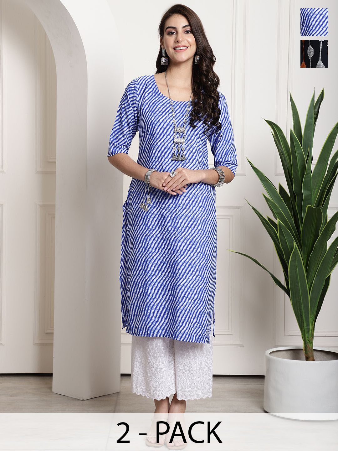 

7Threads Selection Of 2 Leheriya Printed Round Neck Straight Kurtas, White