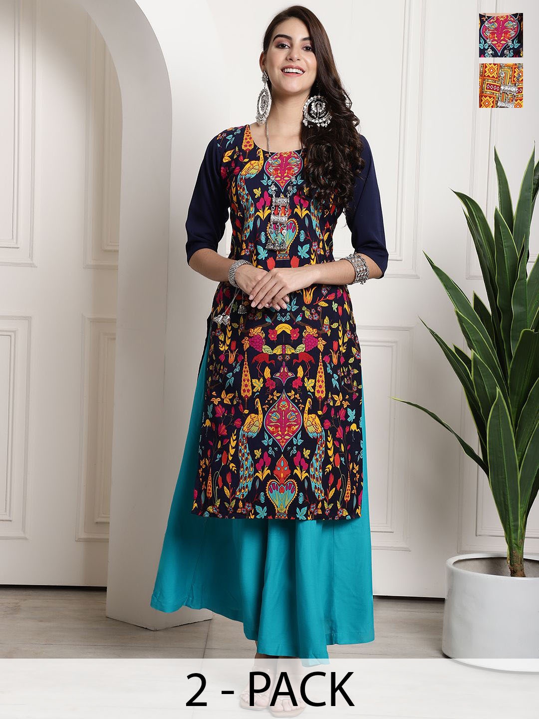 

7Threads Selection Of 2 Floral Printed Round Neck Straight Kurtas, Navy blue