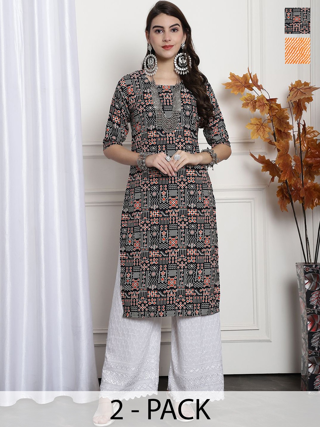 

7Threads Selection Of 2 Geometric Printed Round Neck Straight Kurta, Black