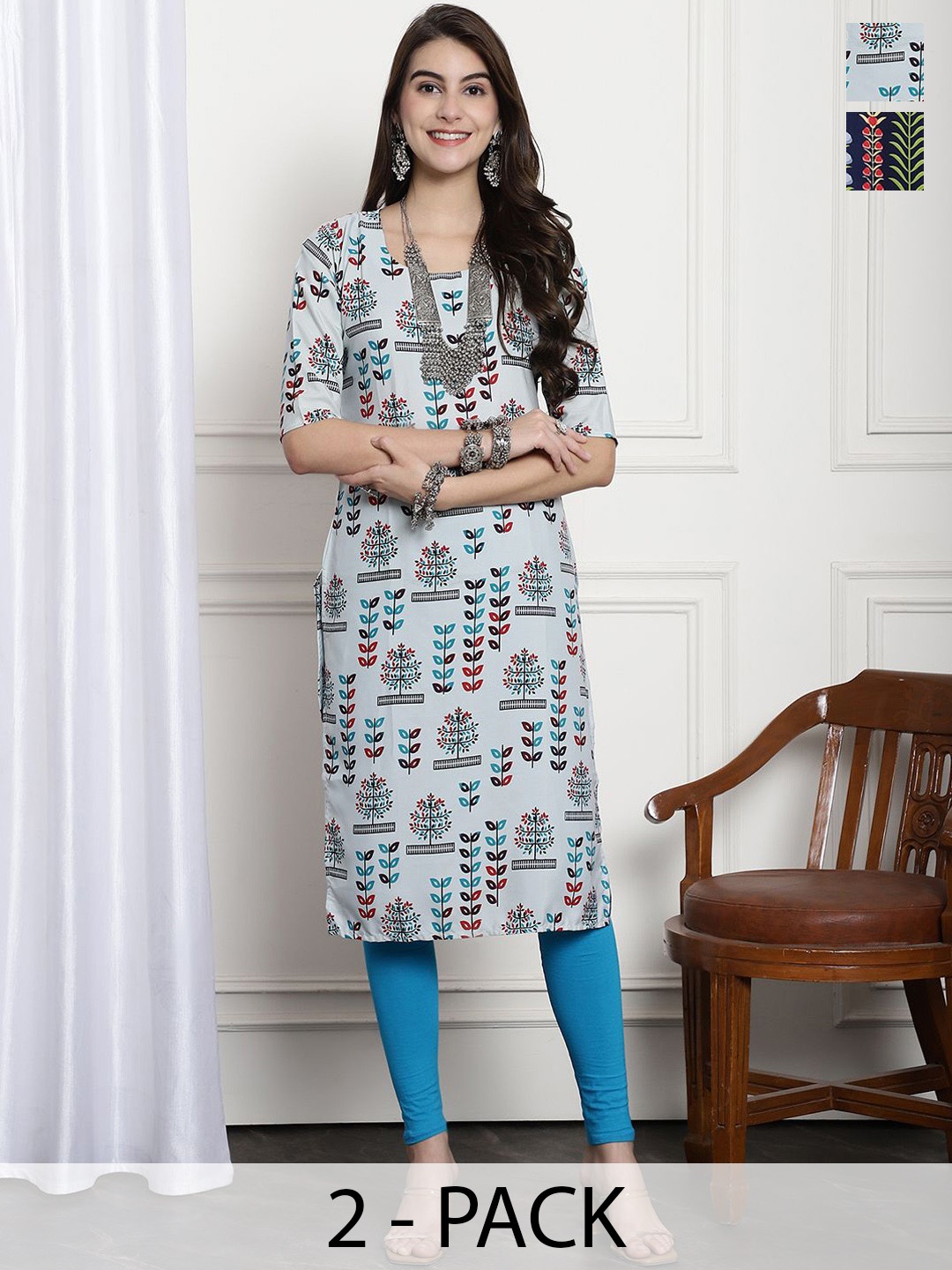 

7Threads Selection Of 2 Floral Printed Straight Kurta, Grey