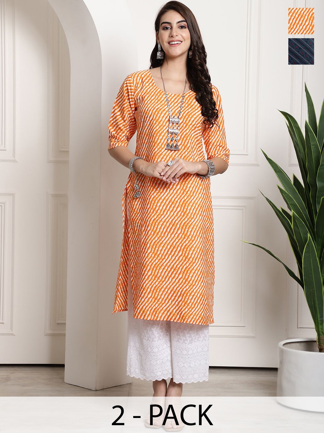 

7Threads Selection Of 2 Ethnic Motifs Printed Straight Kurta, Orange