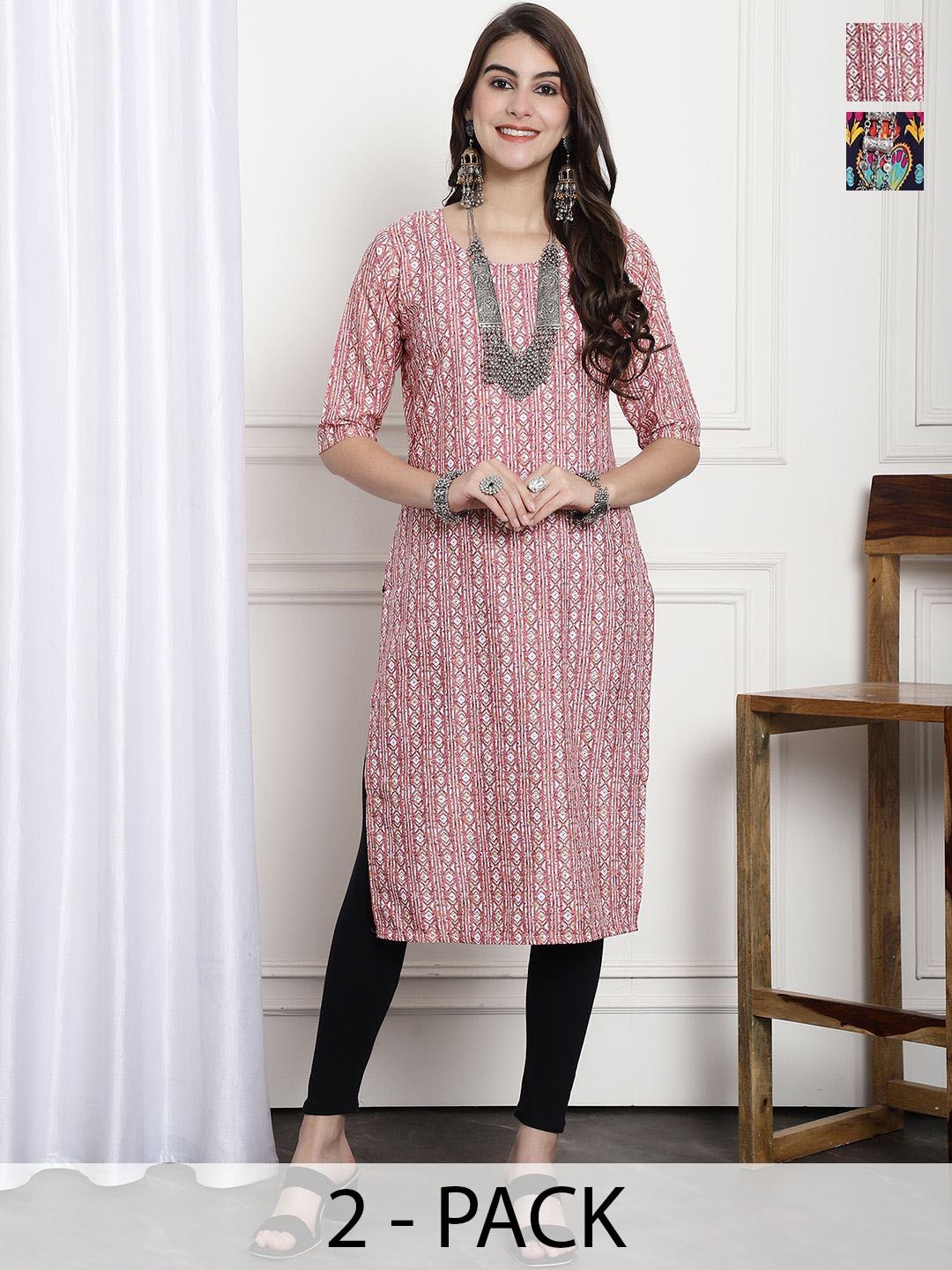 

7Threads Selection Of 2 Geometric Printed Round Neck Straight Kurtas, Pink