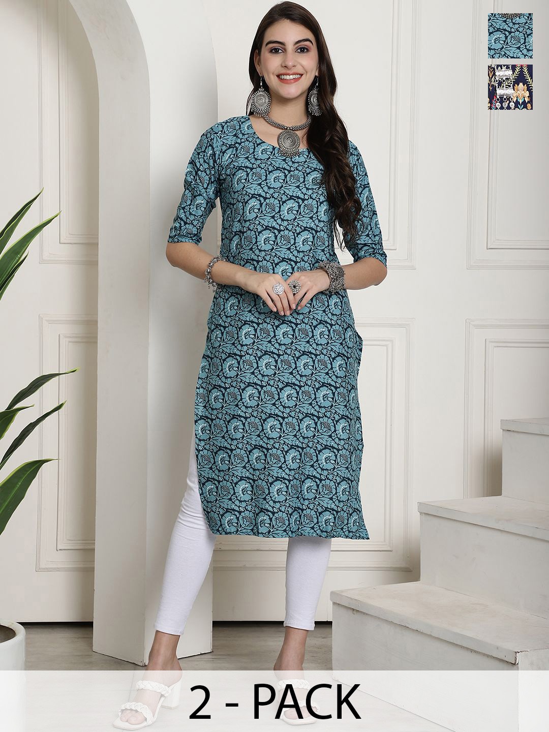 

7Threads Selection Of 2 Floral Printed Round Neck Straight Kurta, Navy blue