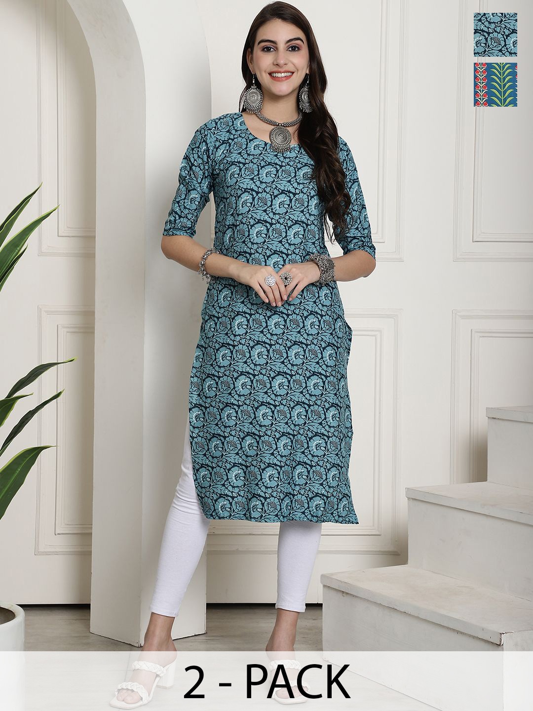 

7Threads Selection Of 2 Floral Printed Round Neck Straight Kurtas, Na