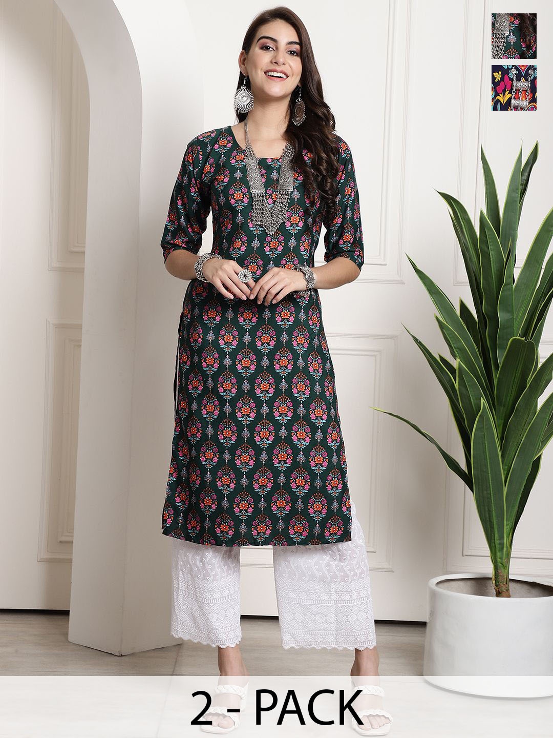 

7Threads Selection Of 2 Floral Printed Straight Kurtas, Black