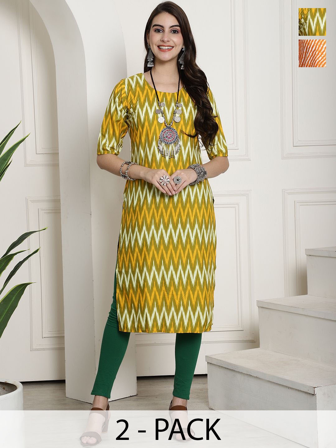 

7Threads Selection Of 2 Chevron Printed Round Neck Straight Kurtas, Green