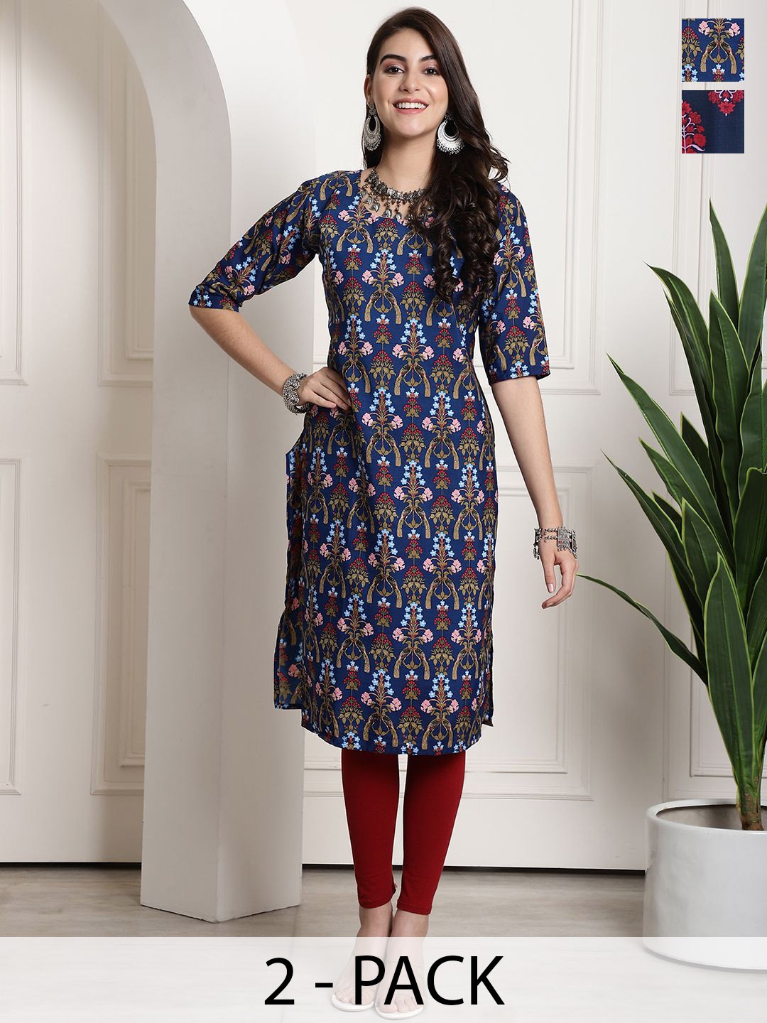 

7Threads Selection Of 2 Ethnic Motifs Printed Straight Kurta, Navy blue