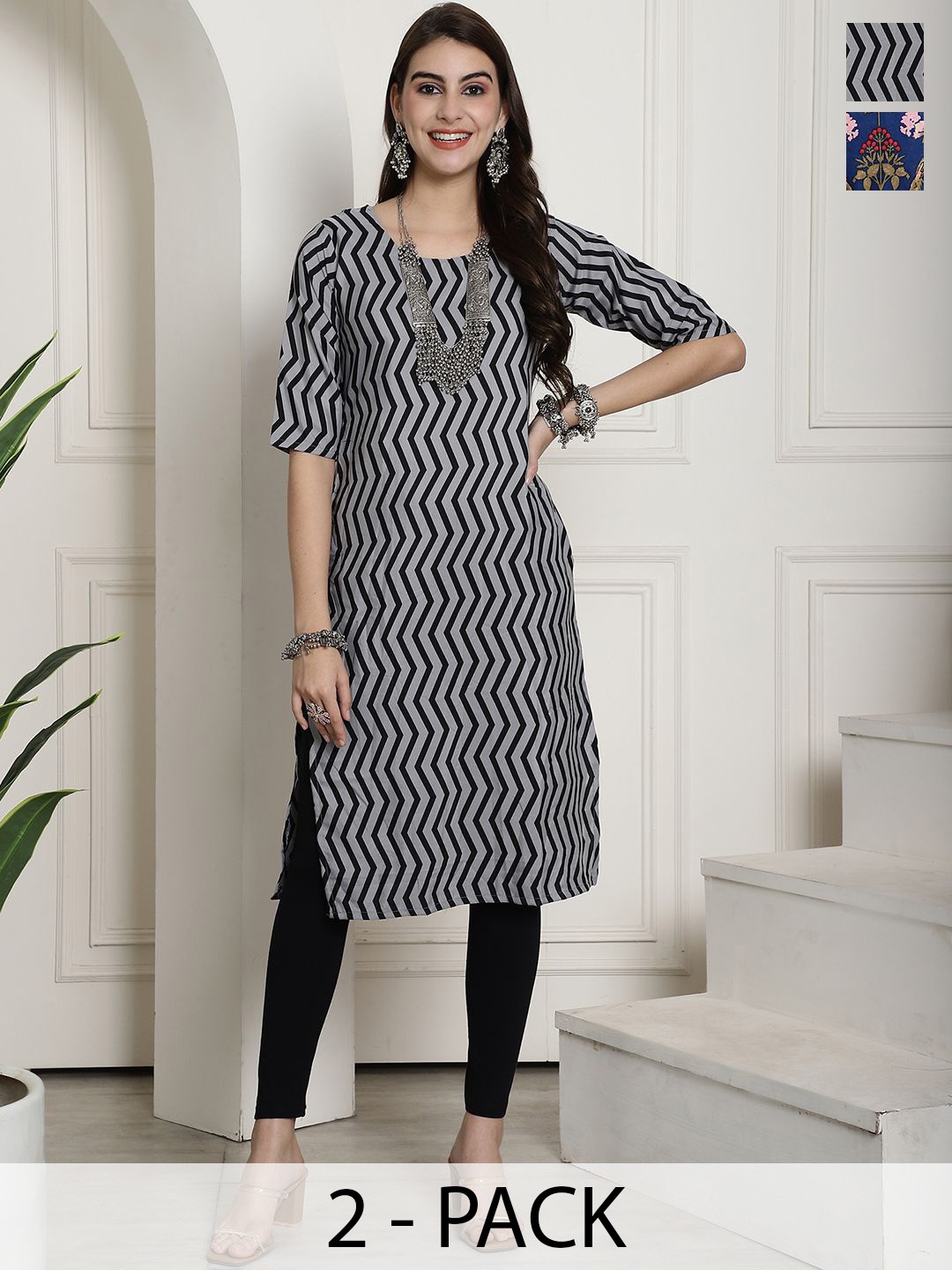 

7Threads Selection Of 2 Chevron Printed Round Neck Straight Kurtas, Grey