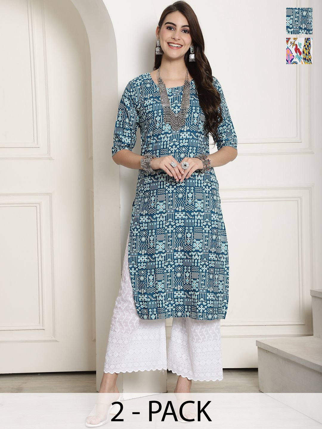 

7Threads Selection Of 2 Geometric Printed Round Neck Straight Kurtas, Blue