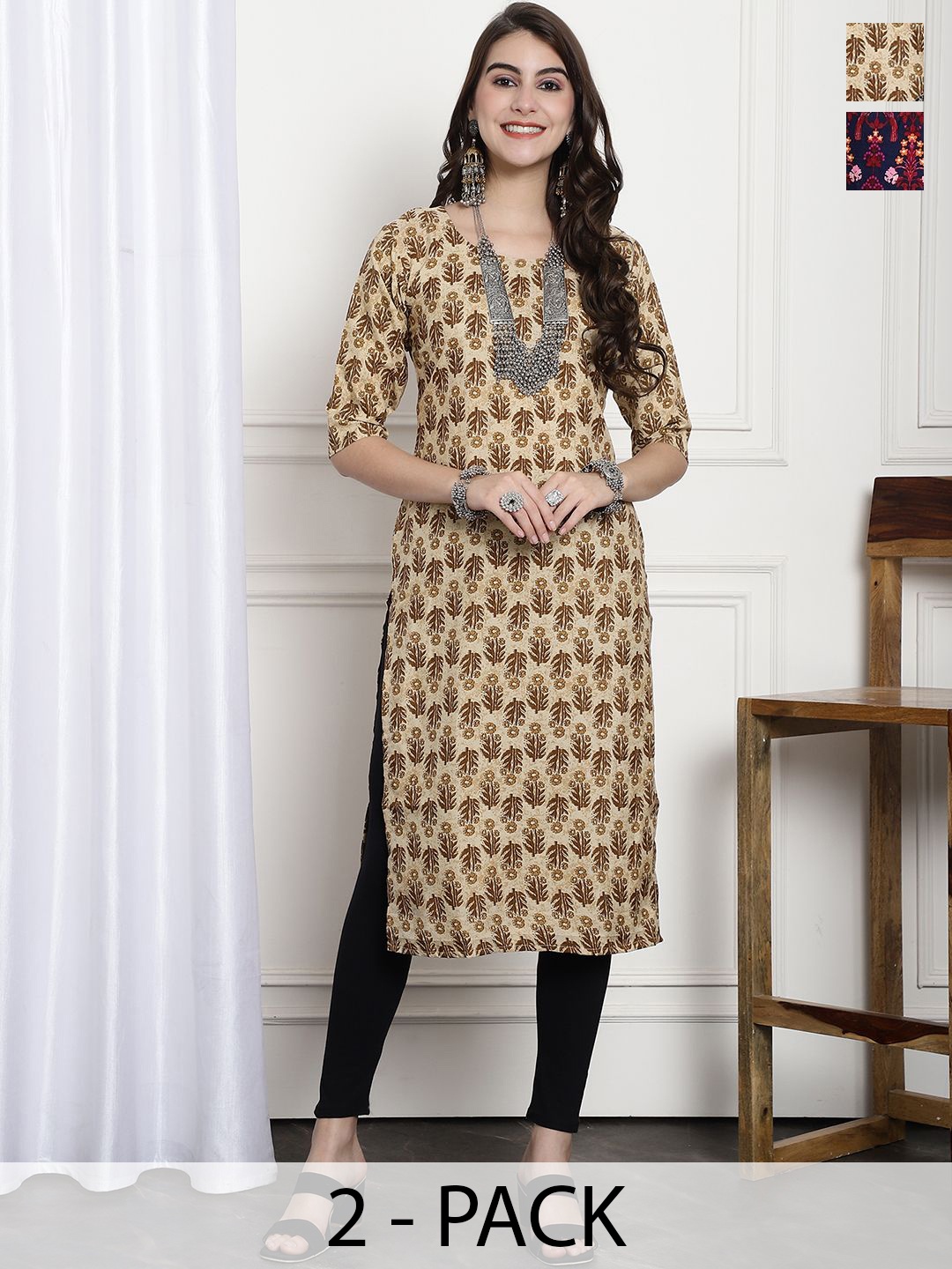 

7Threads Selection Of 2 Floral Printed Round Neck Straight Kurtas, Yellow