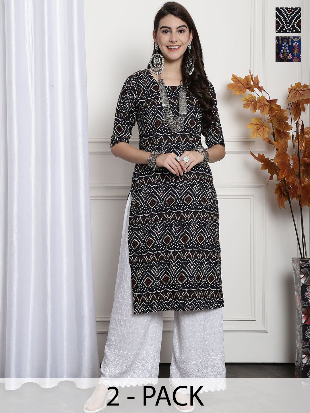

7Threads Selection Of 2 Ethnic Motifs Printed Round Neck Straight Kurtas, Black