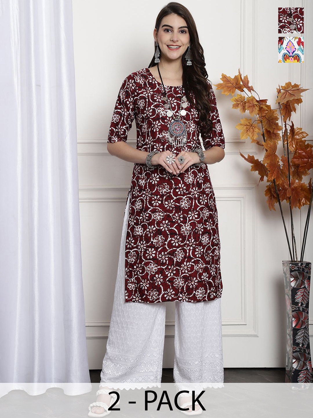 

7Threads Selection Of 2 Floral Printed Round Neck Kurtas, Maroon