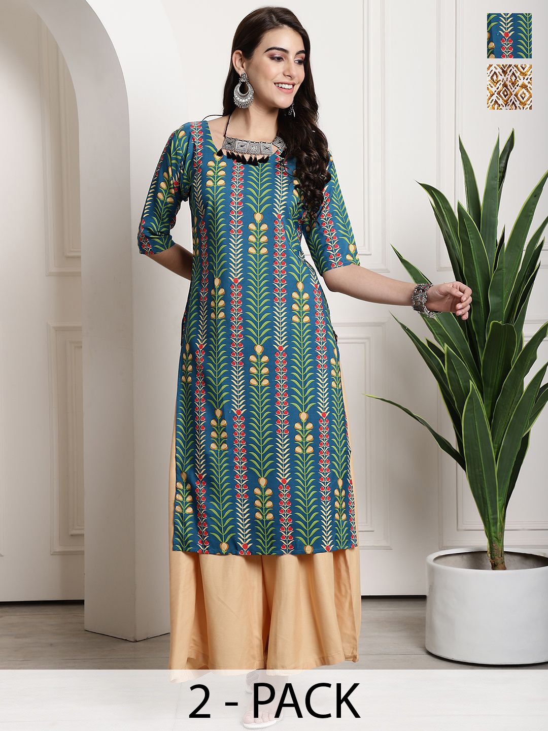 

7Threads Selection of 2 Floral Printed Round Neck Straight Kurtas, Blue