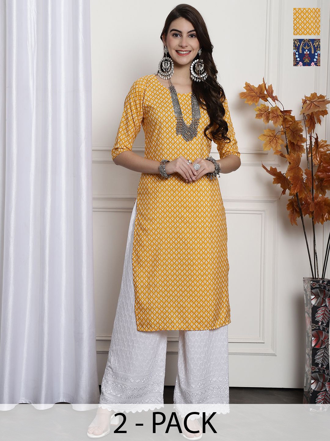 

7Threads Selection Of 2 Floral Printed Round Neck Straight Kurtas, Yellow