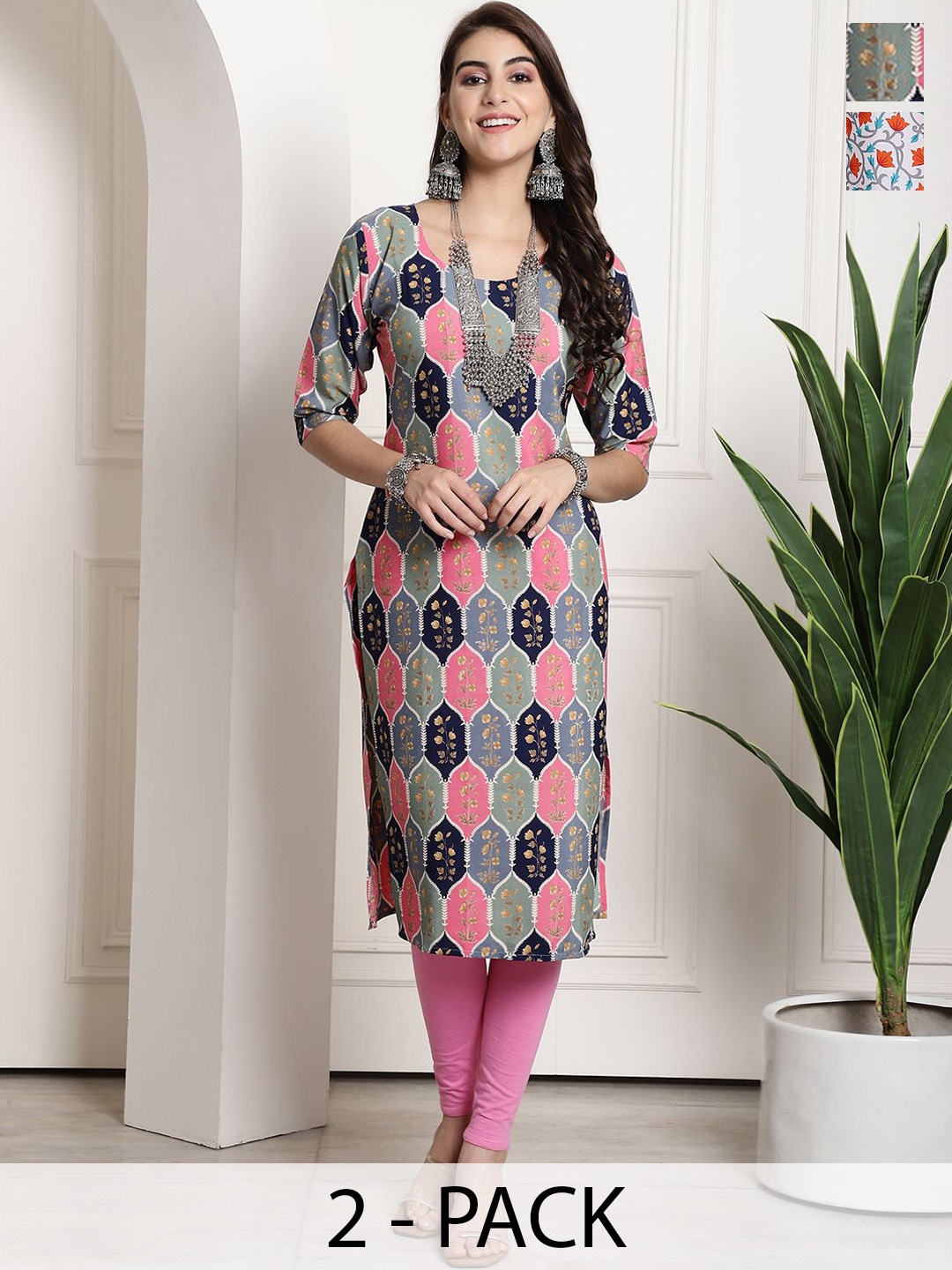 

7Threads Selection Of 2 Ethnic Motifs Printed Straight Kurtas, Grey