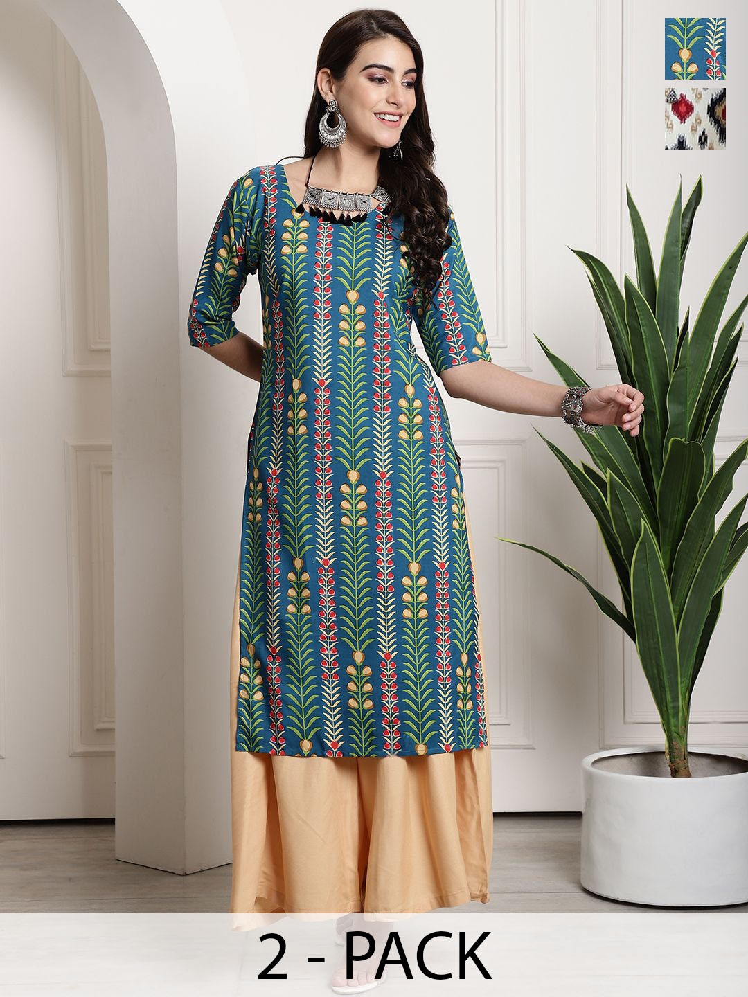 

7Threads Selection Of 2 Floral Printed Round Neck Straight Kurtas, Blue