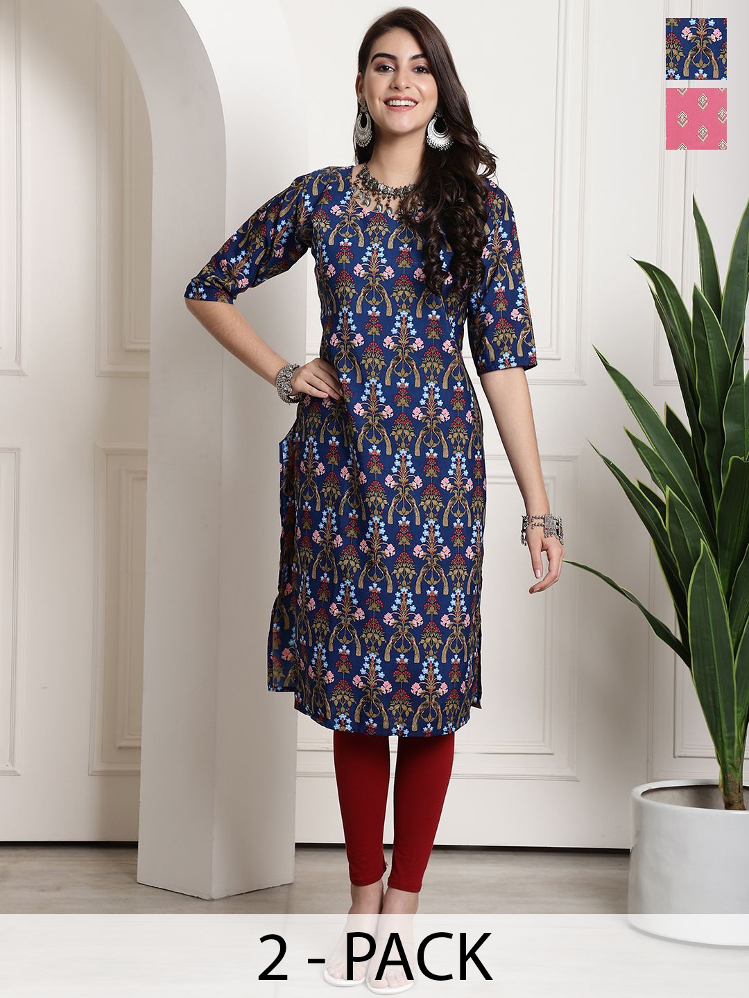 

7Threads Selection Of 2 Floral Printed Round Neck Straight Kurta, Navy blue