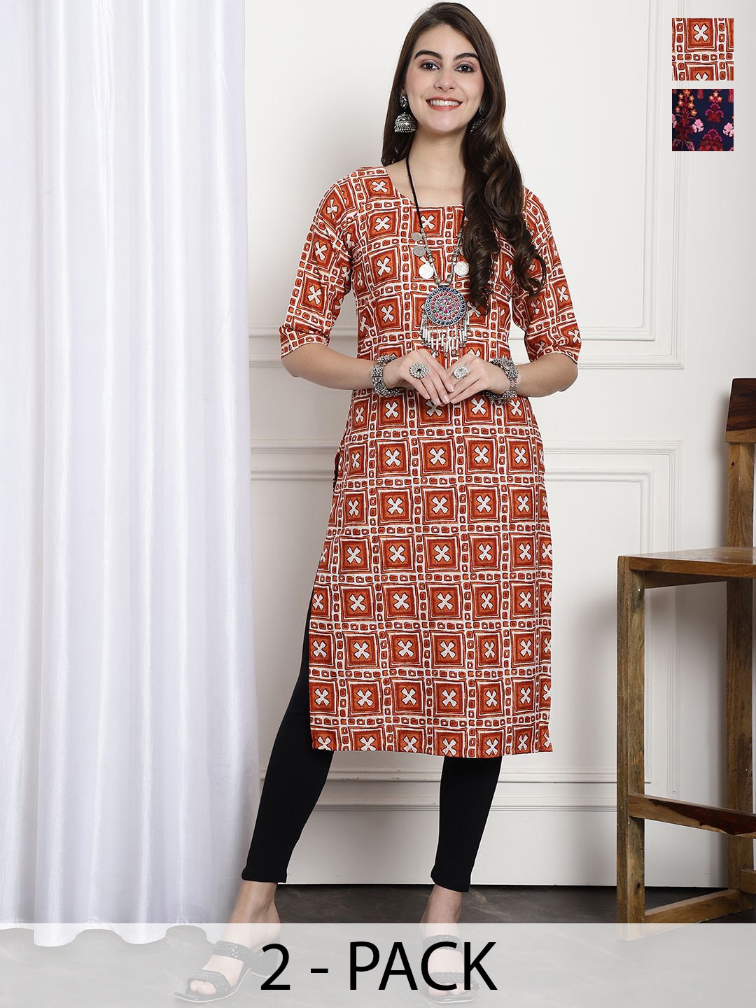 

7Threads Selection Of 2 Geometric Printed Round Neck Straight Kurtas, Red