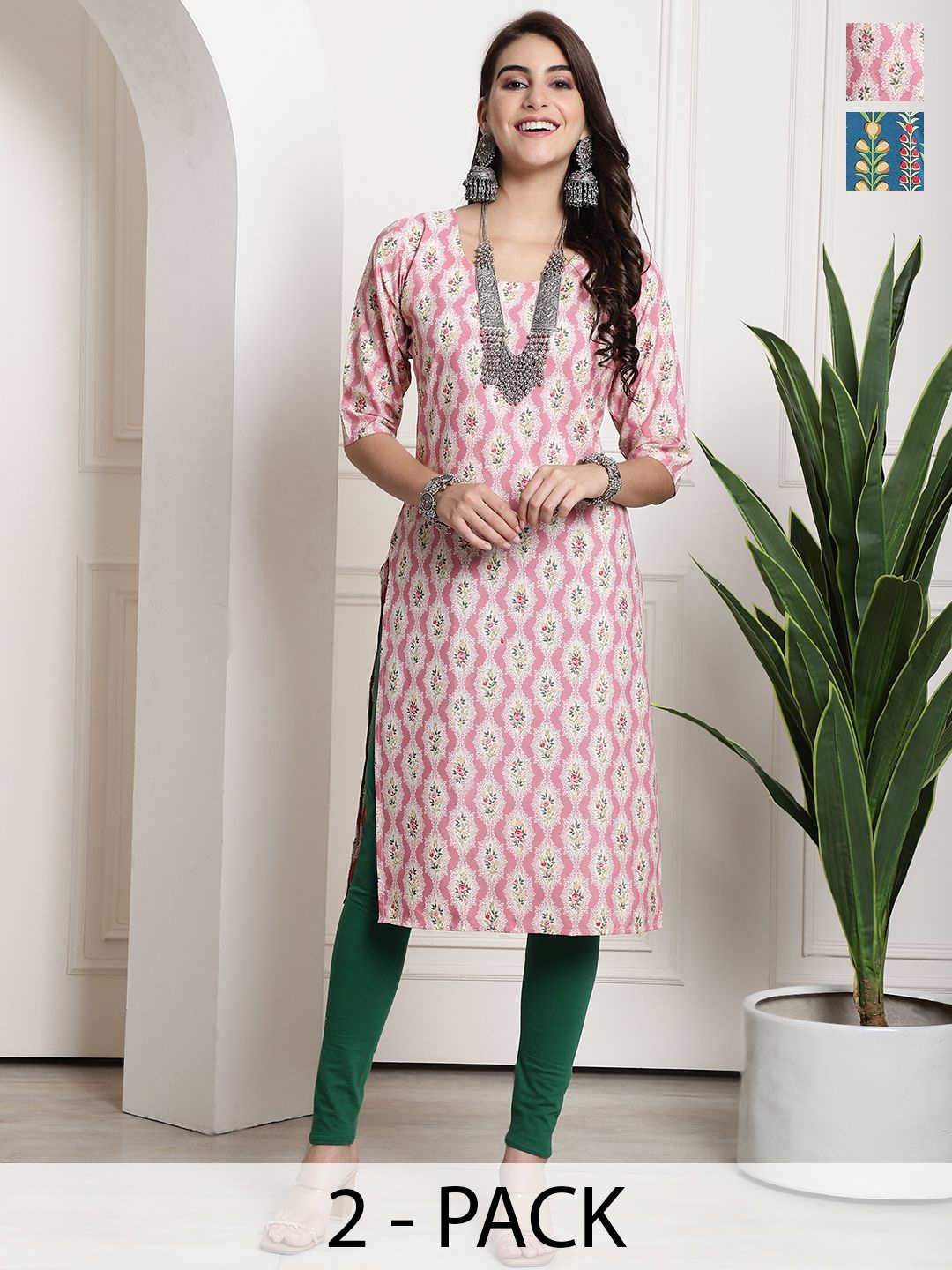 

7Threads Selection of 2 Floral Printed Round Neck Straight Kurtas, Pink