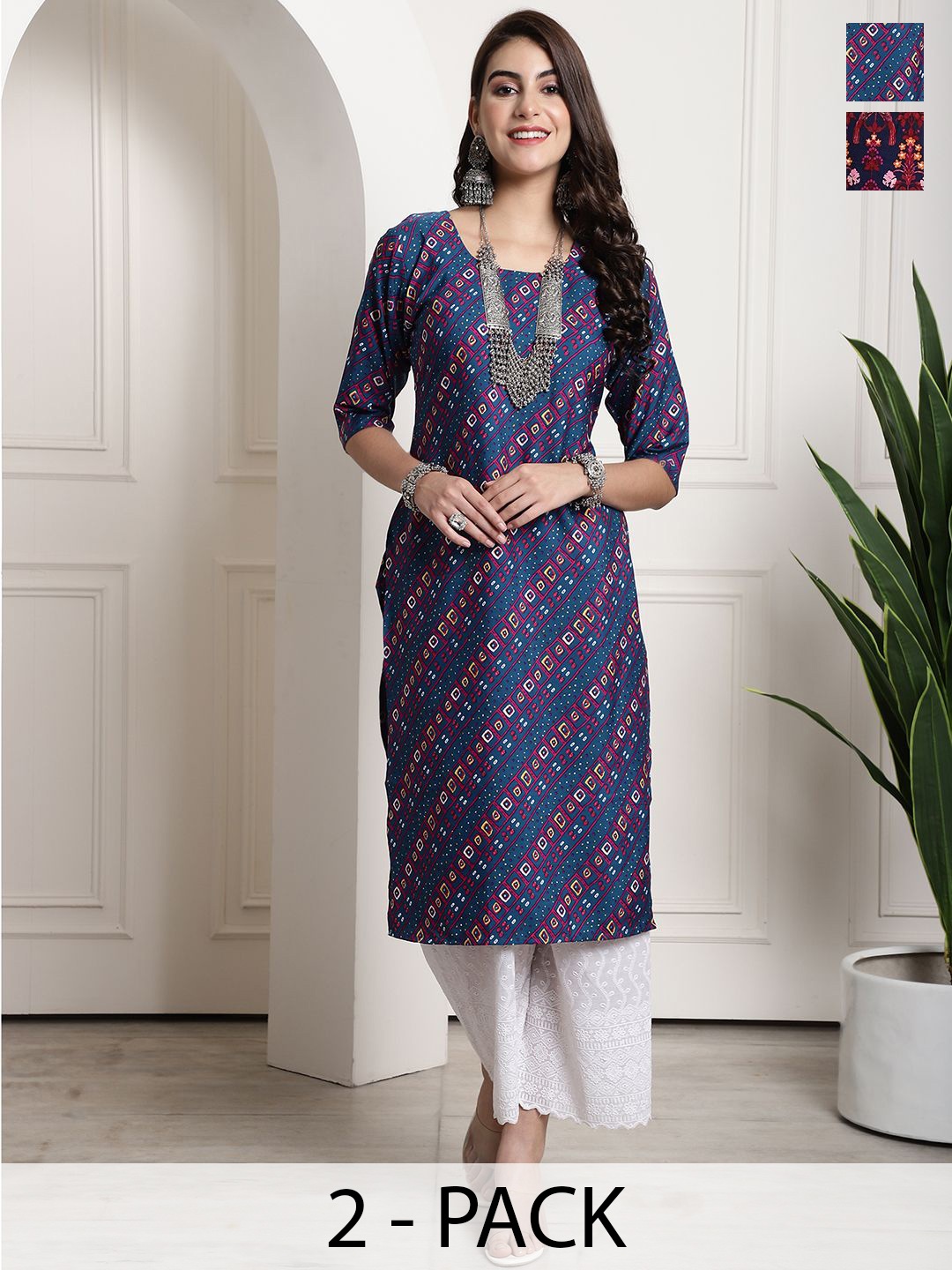 

7Threads Selection Of 2 Bandhani Printed Round Neck Straight Kurtas, Blue