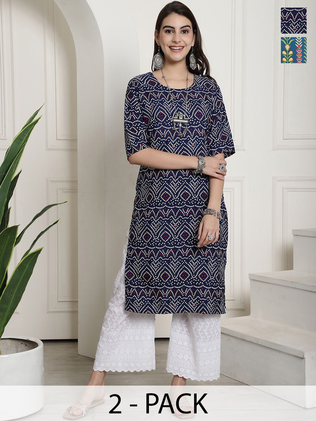 

7Threads Selection of 2 Bandhani Printed Round Neck Straight Kurtas, Navy blue