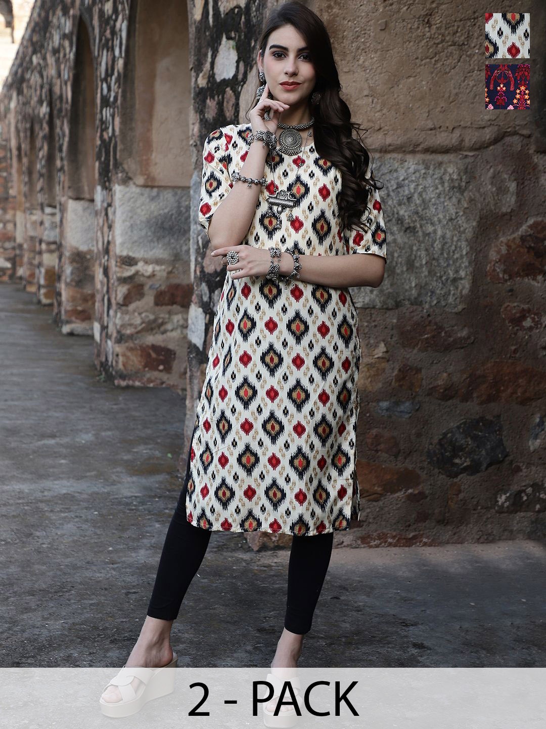 

7Threads Selection Of 2 Ethnic Motifs Printed Round Neck Straight Kurtas, Off white