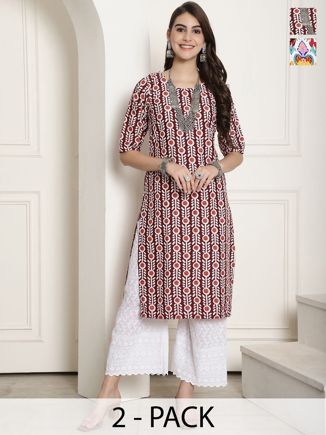 

7Threads Selection Of 2 Ethnic Motifs Printed Round Neck Straight Kurtas, Maroon