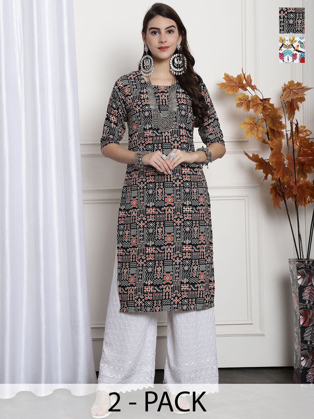 

7Threads Selection Of 2 Geometric Printed Round Neck Straight Kurta, Black