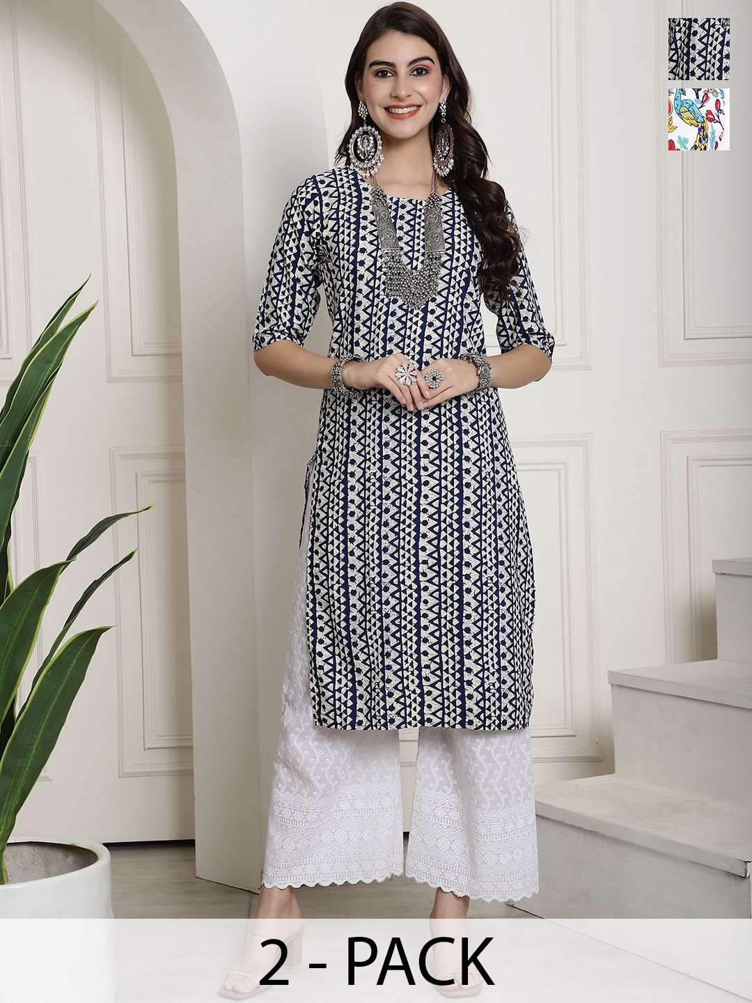 

7Threads Selection Of 2 Geometric Printed Round Neck Straight Kurta, White