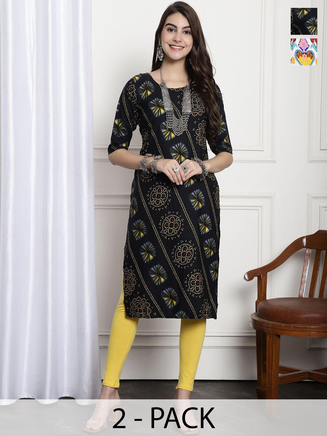 

7Threads Selection Of 2 Bandhani Printed Round Neck Straight Kurtas, Black