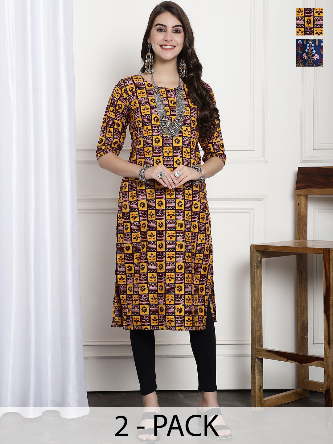 

7Threads Selection Of 2 Ethnic Motifs Printed Round Neck Straight Kurtas, Yellow