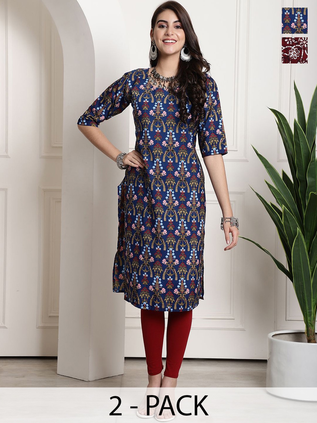 7Threads Selection Of 2 Floral Printed Round Neck Straight Kurtas, Blue