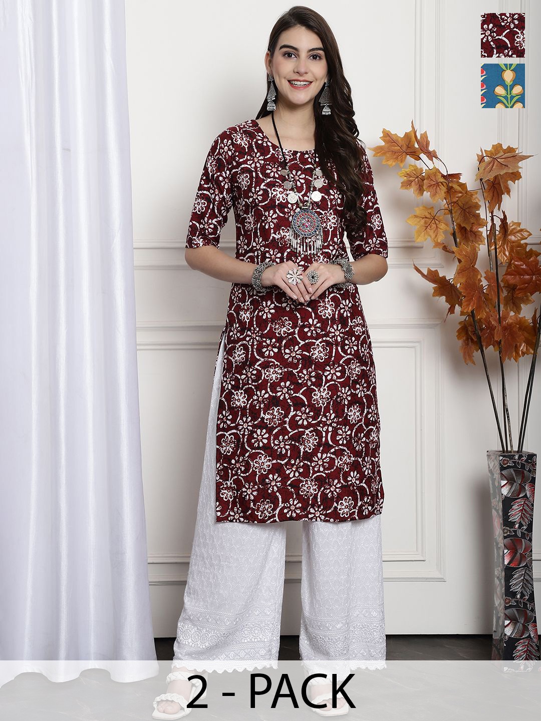 

7Threads Selection Of 2 Floral Printed Round Neck Straight Kurta, Maroon