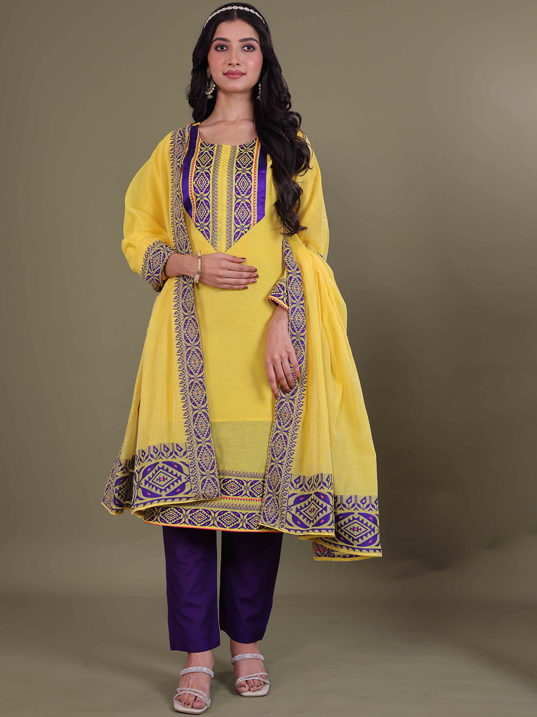 

LERIYU Ethnic Motifs Yoke Design Pure Cotton Straight Kurta with Trousers And Dupatta, Yellow